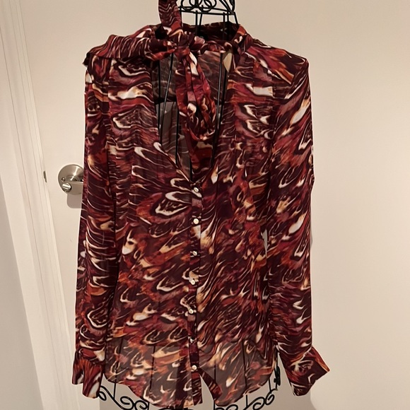 Bebe, S, blouse, maroon, sheer, tie - Picture 1 of 13